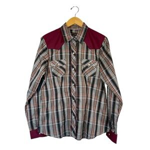 NWT Roper Western Pearl Snap Plaid Shirt Women’s Sz L Burgundy Gray Cowgirl